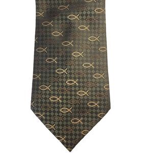 Divinity Series Religious Fish Necktie Tie Olive Green Ichthys Ichthus Hand Made